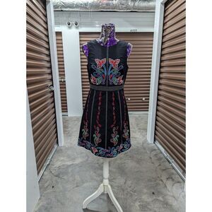Anthropologie Boho Maeve Size 8 Black & Multi Embroidered Chennai Dress